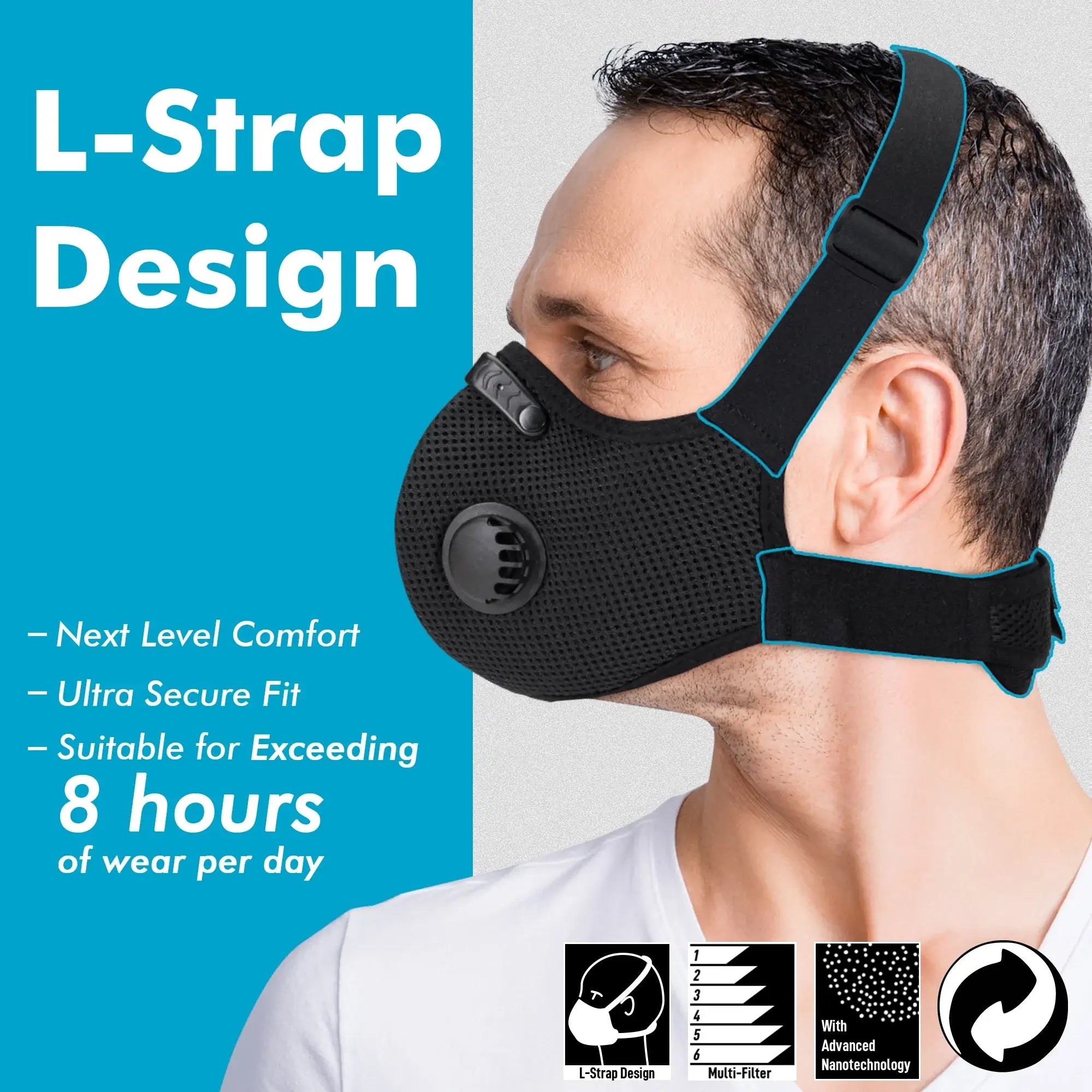 dust mask with innovative L-strap design for all day comfort