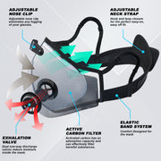 BASE CAMP® M Plus 4.0 Dust Mask Combo Kit showing adjustable nose clip, neck strap, and carbon filter features.
